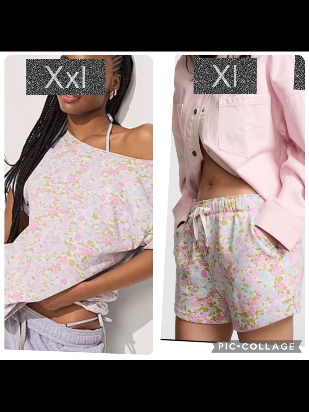PINK by vs ivy fleece campus shorts off shoulder short sleeve tee snow floral